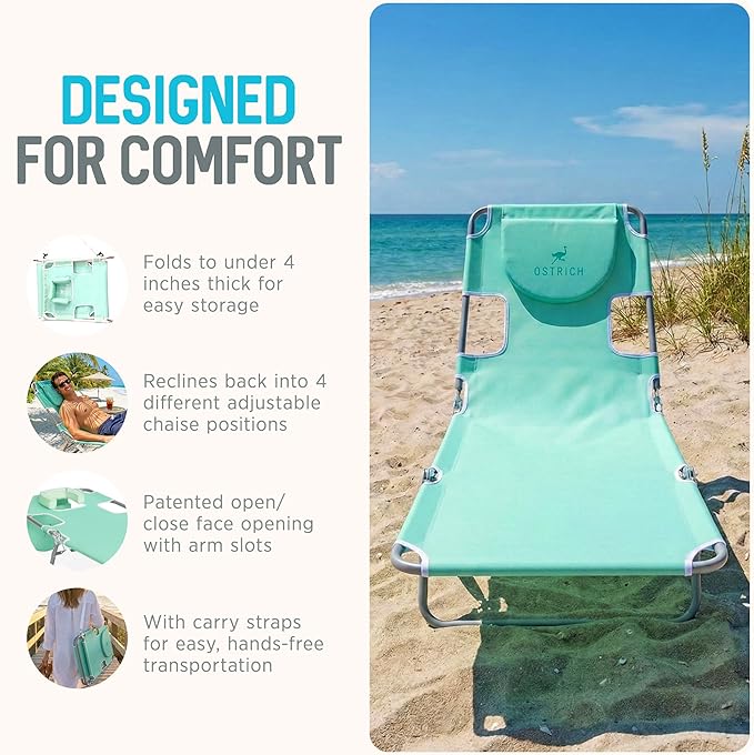 Ostrich 4-Position Outdoor Chaise Lounge w/Face Cushion & Arm Holes, Teal - Image 5