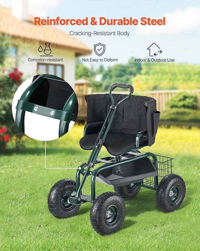 VEVOR Garden Seat with Wheels, Rolling Garden Stool with Height Adjustable & - Image 6