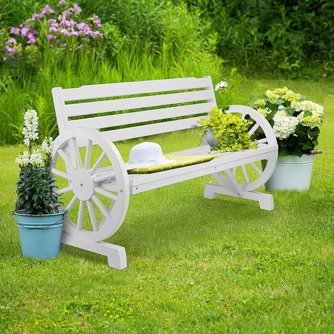 VINGLI Rustic Wooden Wheel Bench Outdoor Bench, Patio Bench Wagon Slatted Seat - Image 8