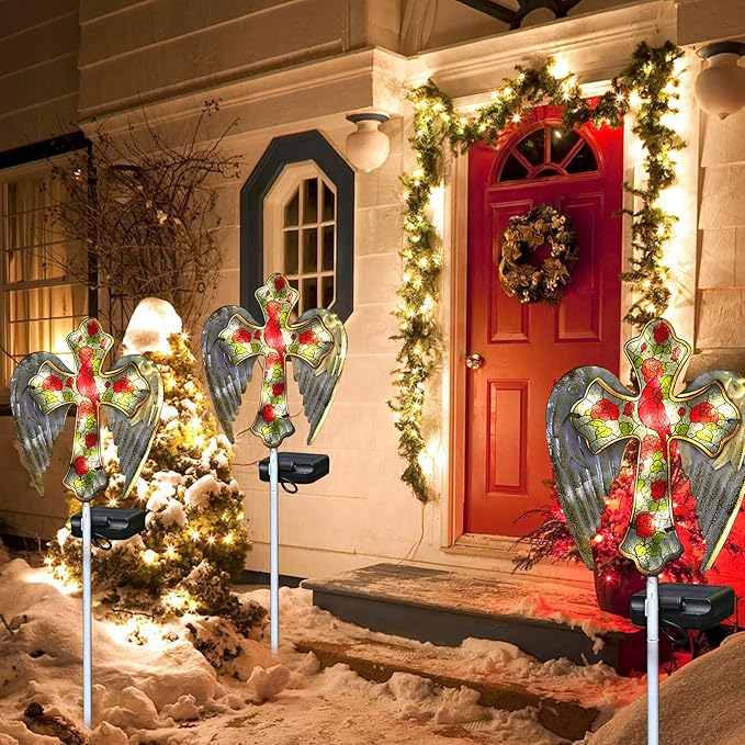 YJFWAL Cardinal Bird&Rose Cross Garden Stake Light, Solar Glass Cross - Image 3