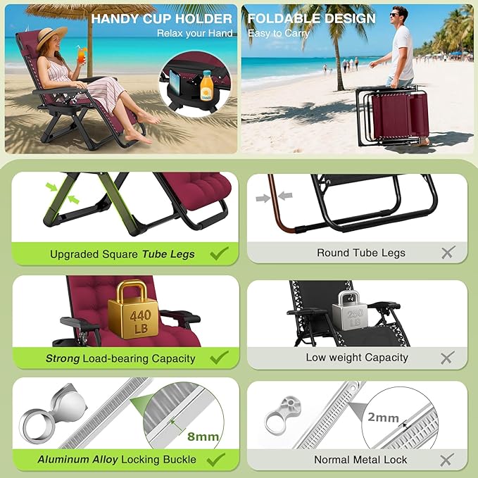 Suteck Zero Gravity Chair, Reclining Camping Lounge Chair w/Removable Cushion - Image 6