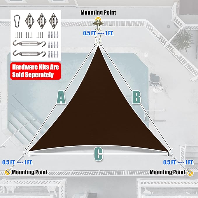 Amgo Custom Size 26' x 26' x 26' Brown Triangle Sun Shade Sail UPF50+ AGTAPRT12 - Image 8