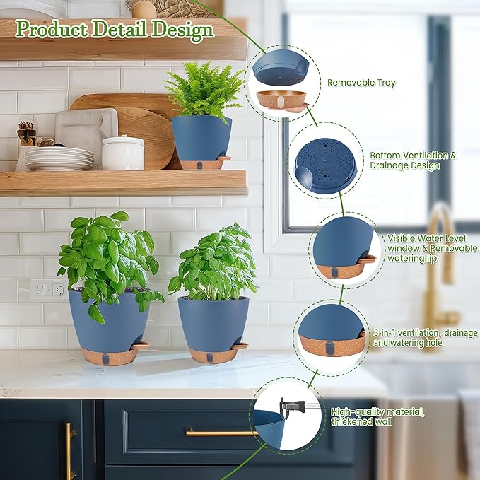 Self Watering Pots for Inoor Ourdoor Plants 8/7/6.5/6/5 Inch Plastic Planters - Image 5