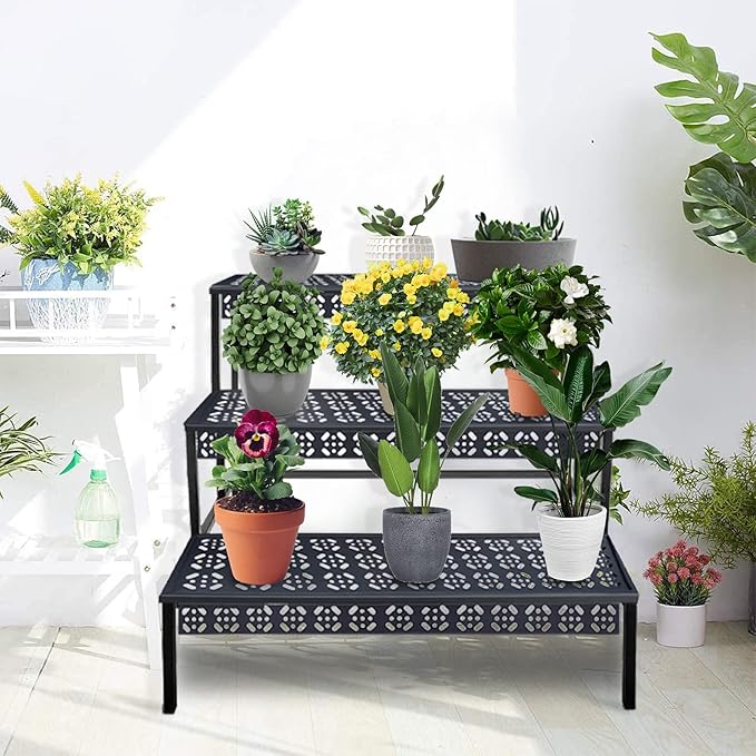 aboxoo 3 Tier Stair Style Large Metal Plant Stand, Garden Display Shelf Flower - Image 5