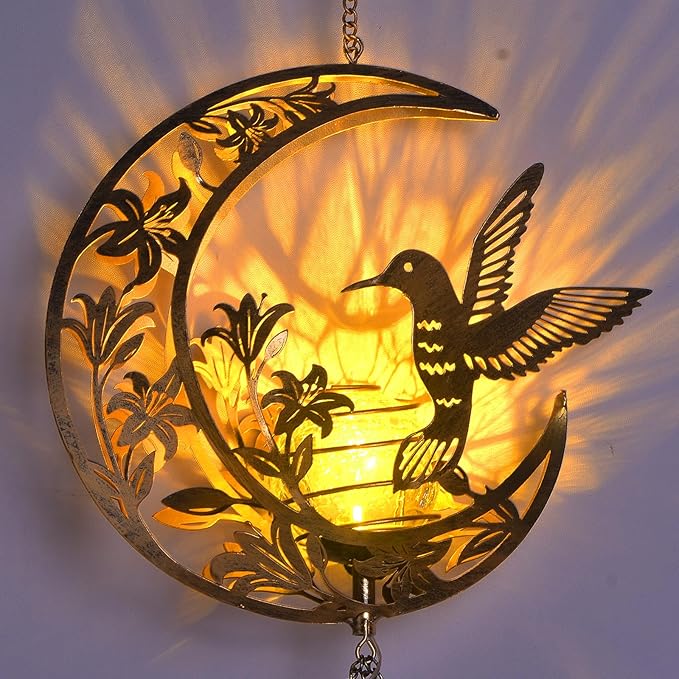 Moon Hummingbird Wind Chime Outdoor, Handcrafted Metal Garden Wind Chimes - Image 2