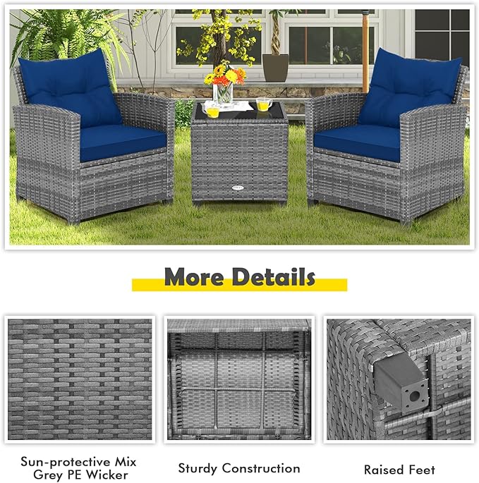 Tangkula 3 Pieces Patio Furniture Set, Outdoor PE Rattan Conversation Chair Set - Image 8
