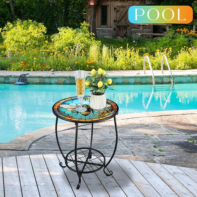 Outdoor Side Table Round Small Mosaic Patio Accent Indoor End Plant Coffee Tea - Image 6