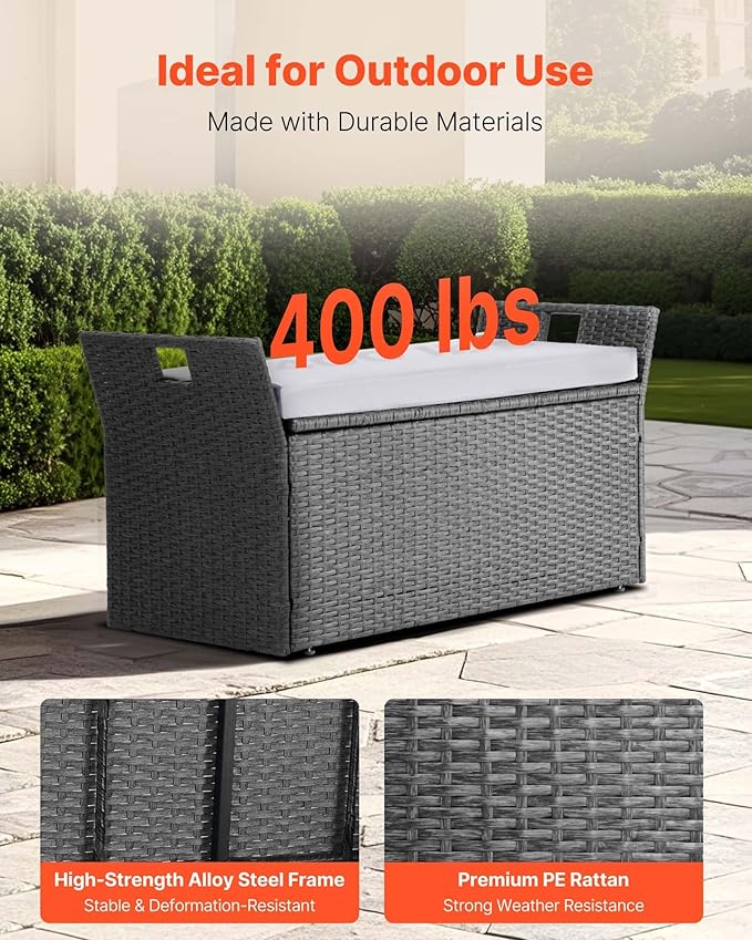 VEVOR Outdoor Storage Bench, 2-Person PE Rattan Storage Bench, 40 Gal Deck Box - Image 5