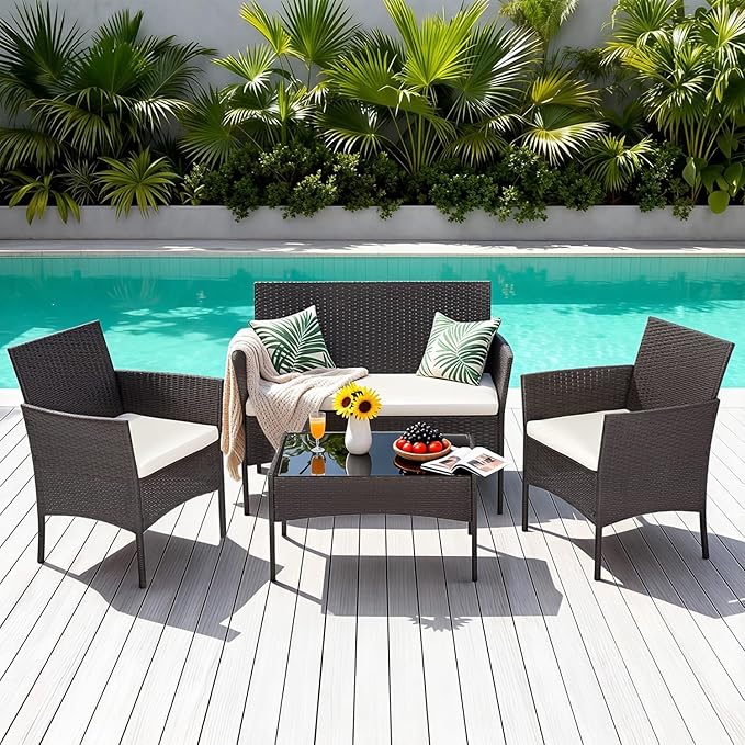 FDW | 4-Piece Patio Furniture Set | Brown | Outdoor Wicker Furniture - Image 3