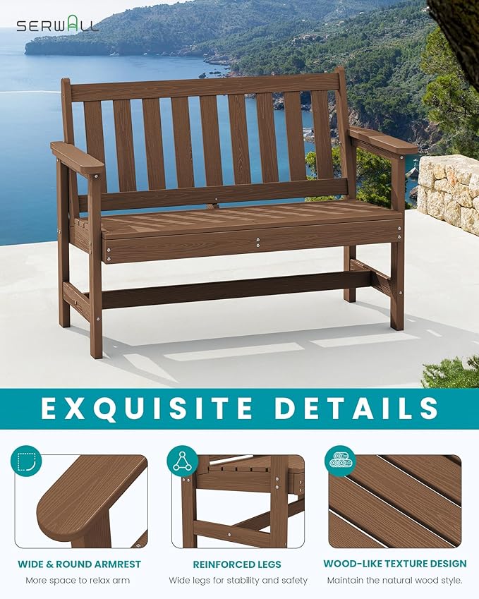 SERWALL Outdoor Bench, HDPE Outdoor Benches Weatherproof, 2-Person Garden Bench - Image 4