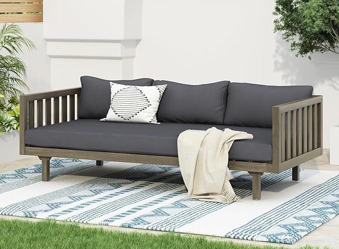Merax Outdoor 3 Seater Daybed, Acacia Wood Day Bed Couch Sofa - Image 4