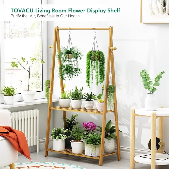 Hanging Plant Shelf Indoor Outdoor Plant Stands Wood Flower Stand 2 Tiered - Image 2