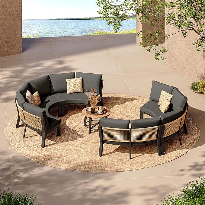 Outdoor Aluminum Patio Furniture Set, 7 Piece Curved Outdoor Sectional Sofas by Oasbira