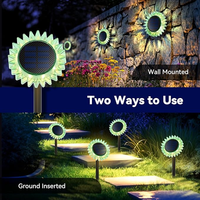Outdoor Solar Lights, 4 Pack Led Solar Sunflower Lights, Stake/Wall 2-in-1 - Image 2