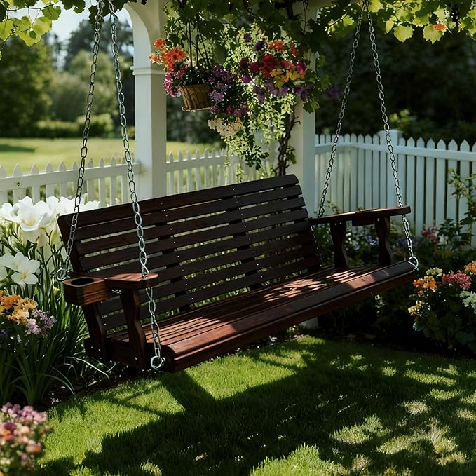 Fortune Candy Wooden Porch Swing 3-Seater, High Backrest and Deep Seat - Image 2