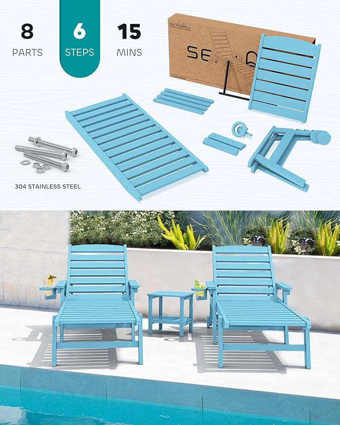 SERWALL Patio Chaise Lounge Chair Set of 2, Poly Lounge Chair - Image 6
