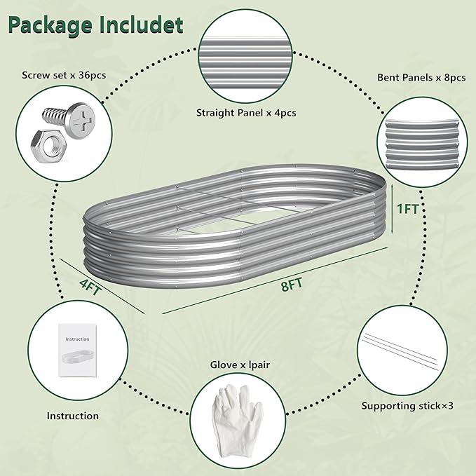 2PCS 8x4x1FT Galvanized Raised Garden Bed Kit, Vegetable Boxes-Oval Metal - Image 5