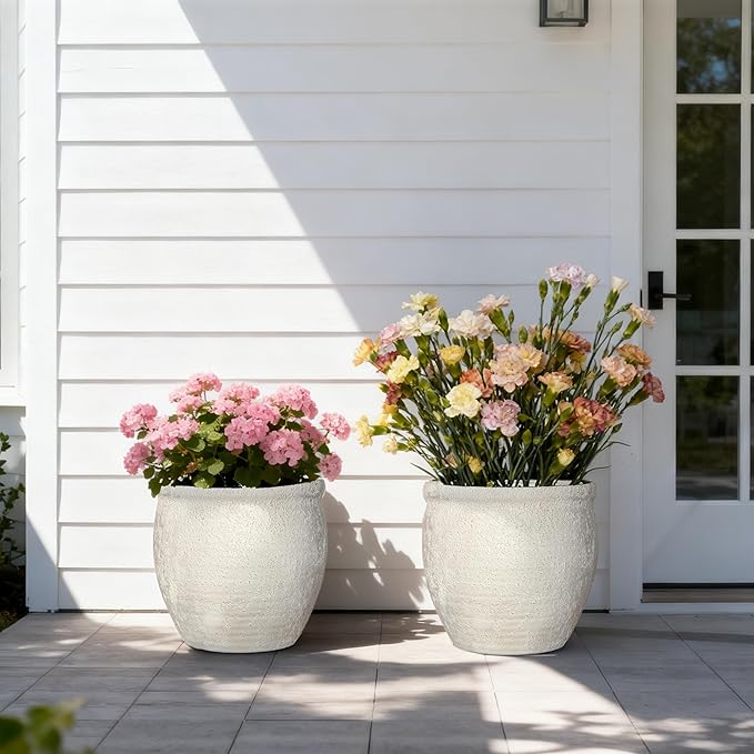 12" Dia Fiberstone Planter – Modern Farmhouse Indoor/Outdoor Flower Pot - Image 2