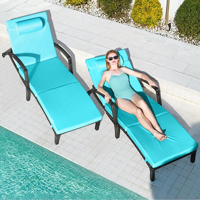 Chaise Lounge Chairs Outdoor Comfy Outside Wicker Patio Pool Lounge Chair w/ 5 - Image 2