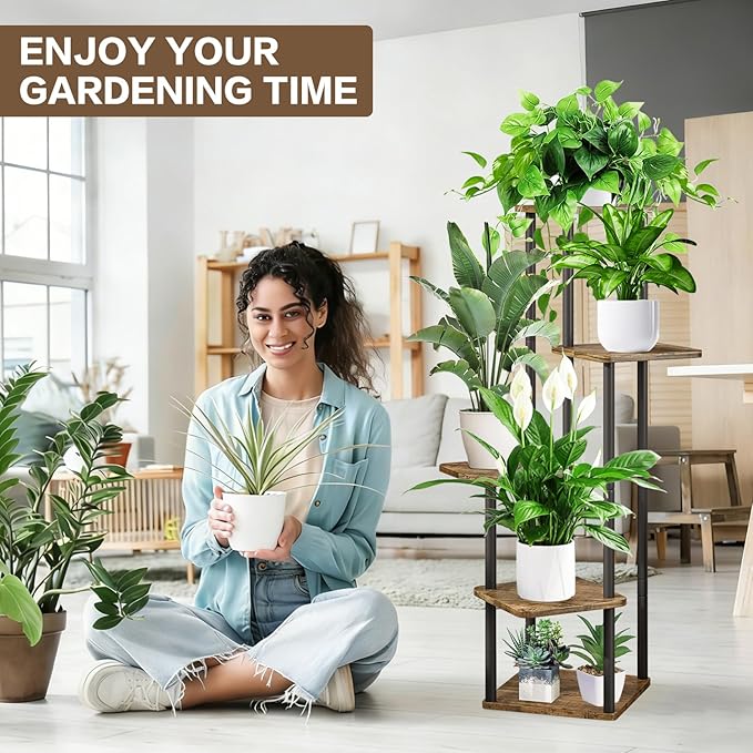 5 Tier Plant Stand Indoor, Thickened Metal Wood Corner Plant Shelf Stands - Image 6