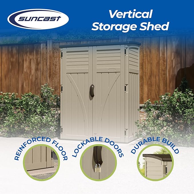 Suncast Outdoor Storage Shed, Water Resistant Resin Vertical Outdoor Storage - Image 2