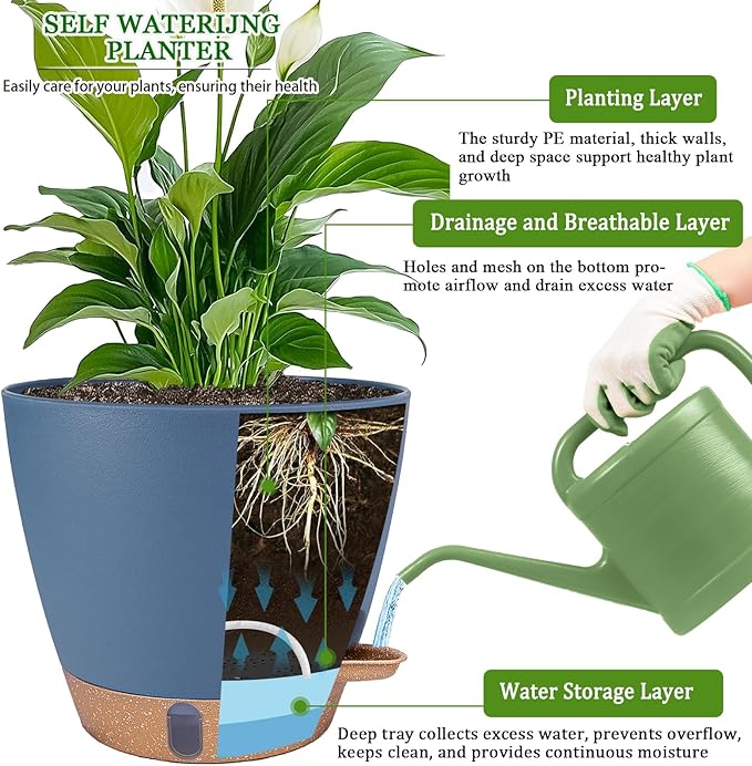 2 Pack 8 inch Plant Pots, Plastic Self Watering Planters - Image 3