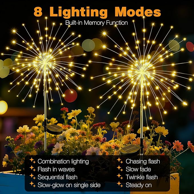 btfarm 4 Pack 120 LED Solar Garden Lights Outdoor, 8 Modes Firework Lights - Image 3
