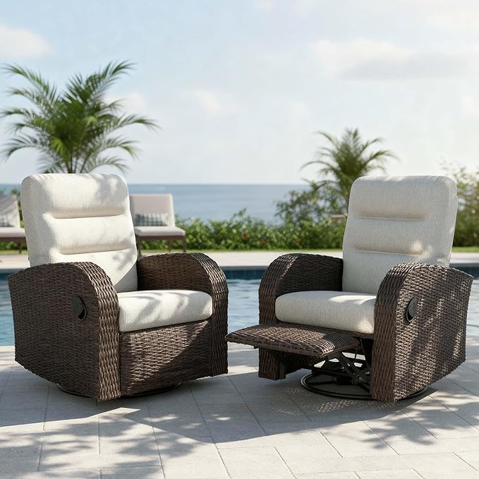 Outdoor Swivel Recliner Chair Set of 2, All-Weather Wicker Reclining Patio Chair by Vakollia