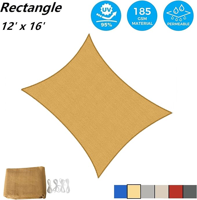 AsterOutdoor Sun Shade Sail Rectangle 12' x 16' UV Block Canopy - Image 2