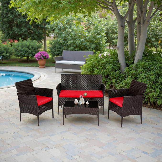 FDW | 4-Piece Patio Furniture Set | Brown & Red | Outdoor Wicker Furniture - Image 7