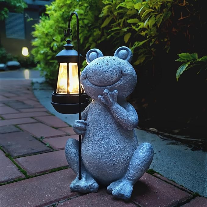 Frog Solar Garden Statues, Resin Frog Figurine Decorations by Qobumy