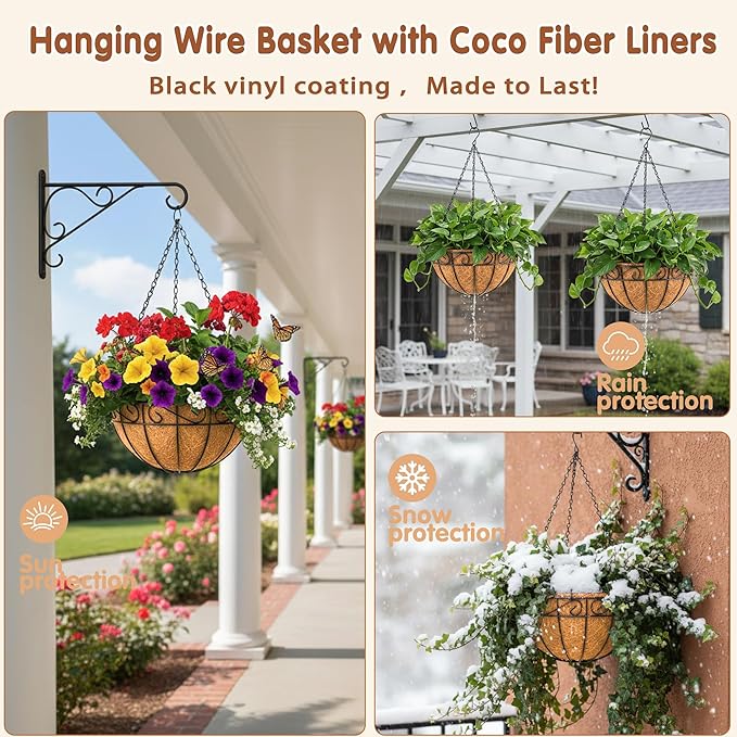 14 inch Metal Hanging Baskets For Plants Outdoor 4 Pack Round Metal Wire - Image 3