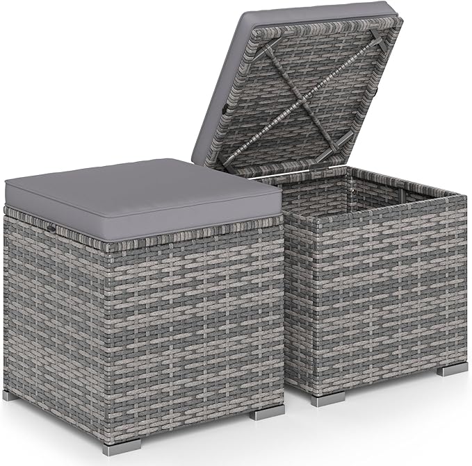 Tangkula 2 Pieces Patio Ottomans, Patiojoy Hand-Woven PE Rattan Side Table by TANGKULA