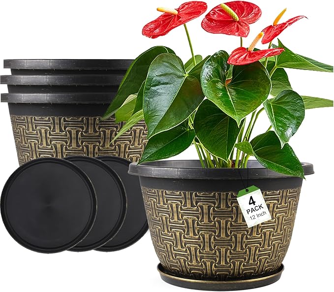 4 Pack 12 Inch Plant Pots, Large-Plant-Flower-Planters-Plastic, Flower Pots by Nooulap