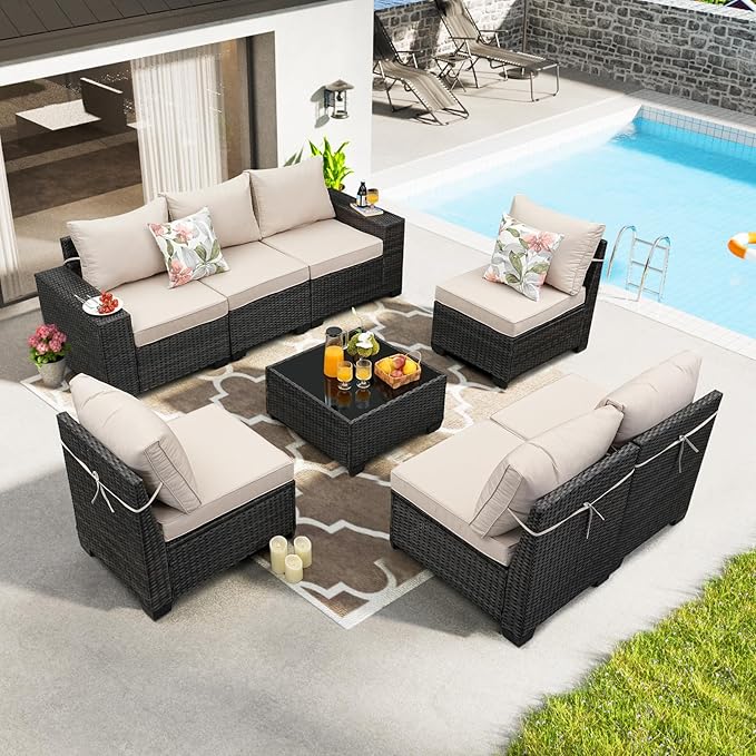 8 Pieces Patio Furniture Set All-Weather Outdoor Wicker Sectional Conversation by JOYURE