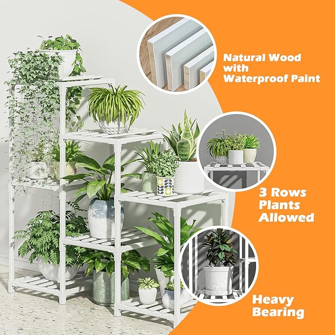 Bamworld Indoor Plant Stand Outdoor White Shelf Bamboo Plant Table - Image 6