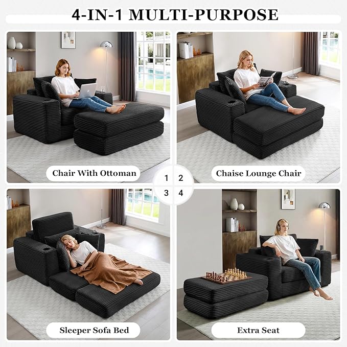 HANXIN 62" Chaise Lounge Chair Indoor, Oversized Corduroy Boneless Convertible - Image 4