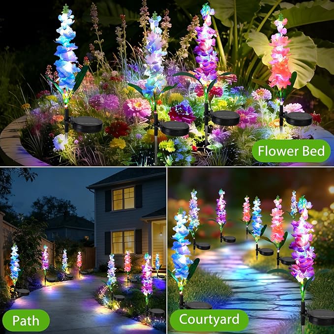 4 Pack Color Changing Solar Lights Outdoor Waterproof, Solar Delphinium Flower - Image 6