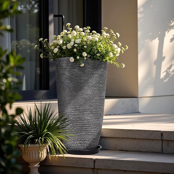 QCQHDU Large Tall Dark Gray Planters Set of 2-9 Gallon 12" Round Outdoor - Image 7