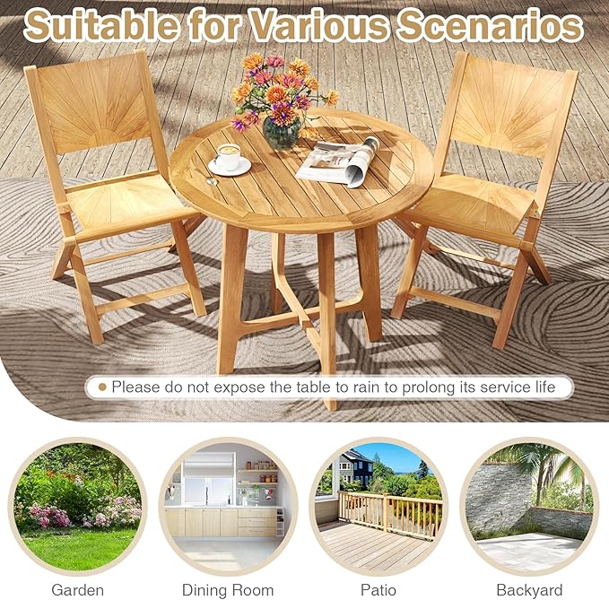 Tangkula 31.5" Round Patio Dining Table, Teak Wood Outdoor Dining Table - Image 8