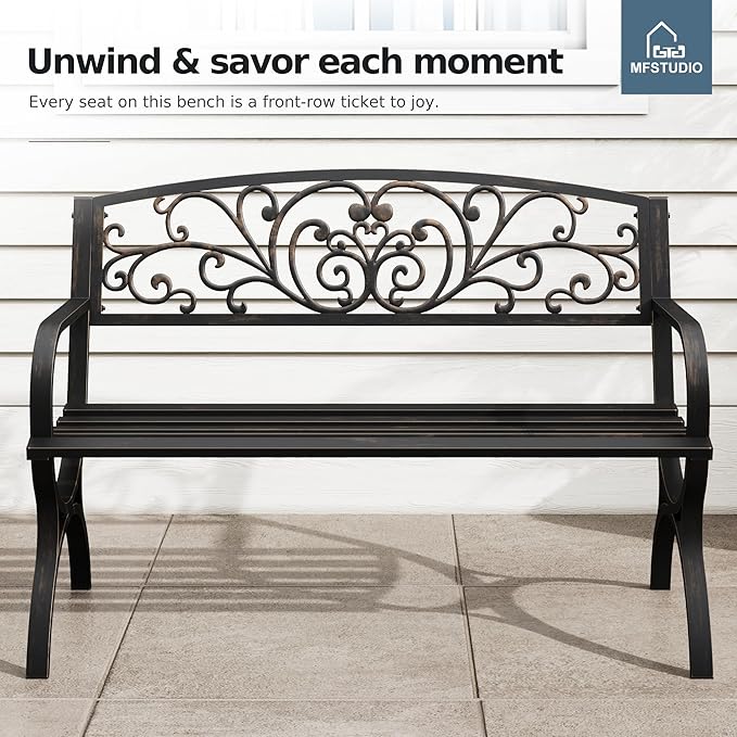 MFSTUDIO 50 Inches Outdoor Garden Bench, Cast Iron Metal Frame Patio Park Bench - Image 8