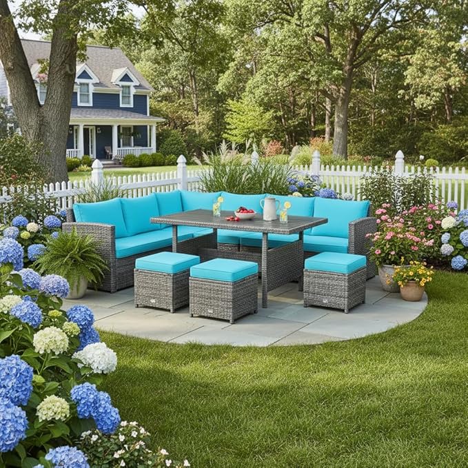 Tangkula 7 Pieces Patio Furniture Set, Outdoor Sectional Rattan Dining Sofa Set - Image 3