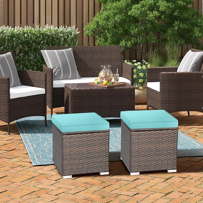 RELAX4LIFE Wicker Outdoor Storage Ottoman, 2-Piece Rattan Footstool w/Removable - Image 8