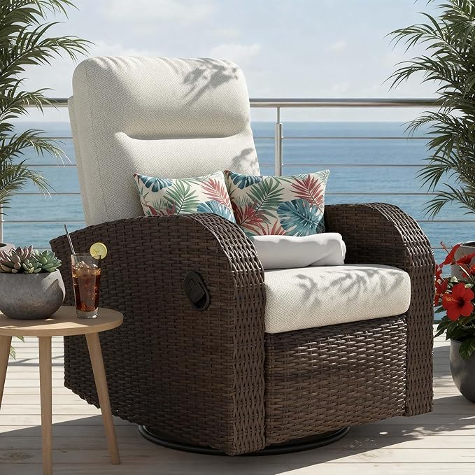 Outdoor Swivel Recliner Chair, All-Weather Wicker Reclining Patio Chair by Vakollia