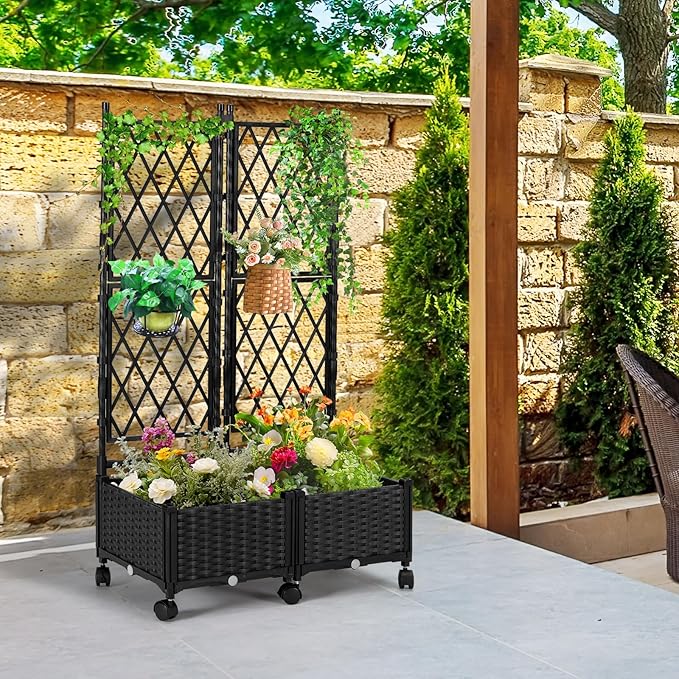 Planter Box with Trellis, 4ft Tall Self-Watering Plastic Raised Garden Beds and - Image 2