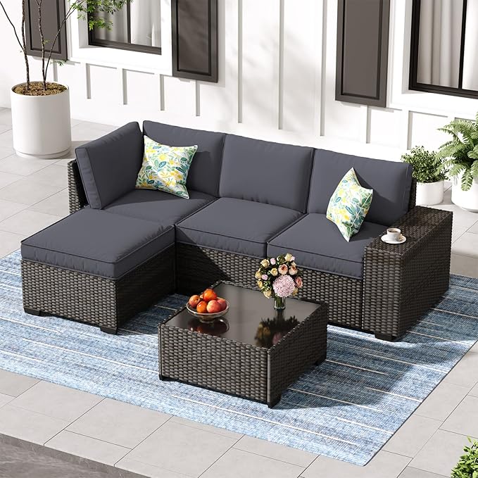 Jing's Villa 5-Piece Patio Furniture Set, All-Weather Outdoor Wicker Sectional by JingsVillaOutdoorFurniture