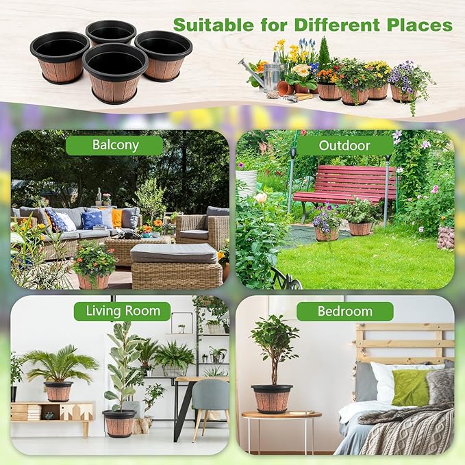 Quarut 4 Pack 10 inch Plant Pots, Upgrade Whiskey Barrel Planters - Image 5