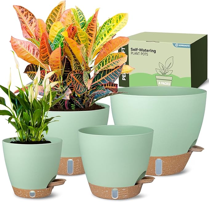 Self-Watering Pots for Indoor Plants 4 Pack, 6/8/10/12 Inch Outdoor Planters by GOPROAUTO