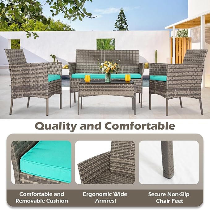 FDW | 4-Piece Patio Furniture Set | Gray & Blue | Outdoor Wicker Furniture - Image 6