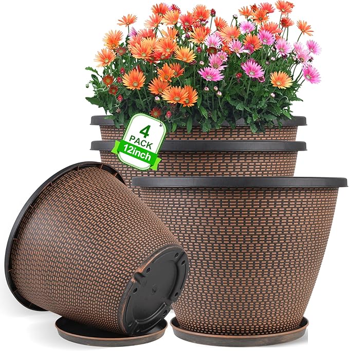 12 inch Pots for Plants, 4 Pack Large Outdoor Planter Pot by Svxtoby
